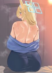 Rule 34 | 1girl, absurdres, animal ears, ass, bare back, bettkan, blonde hair, blue archive, blue eyes, dog ears, dog girl, extra ears, halo, highres, kanna (blue archive), looking back, on bed, skirt, steaming body, sweatdrop, taut clothes, taut skirt
