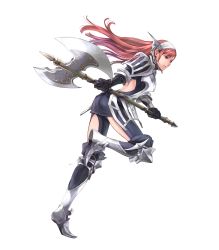 Rule 34 | 1girl, arm guards, armor, armored boots, ass, axe, backless outfit, battle axe, boots, cherche (fire emblem), fire emblem, fire emblem awakening, fire emblem heroes, full body, highres, holding, holding weapon, legs up, long hair, maid headdress, nintendo, official art, red eyes, red hair, solo, transparent background, wada sachiko, weapon