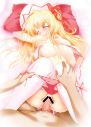 Rule 34 | 1boy, 1girl, absurdres, bar censor, blonde hair, blush, breasts, censored, closed eyes, hetero, highres, large breasts, lily white, long hair, lying, nipples, on back, on bed, panties, panty pull, parted lips, penis, pussy, rei kazami, sex, sleep molestation, sleeping, solo focus, thighhighs, touhou, underwear, vaginal