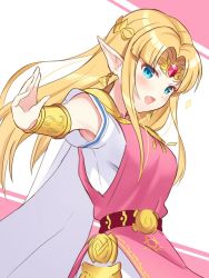 Rule 34 | 1girl, armpit peek, bead necklace, beads, belt, blonde hair, blue eyes, blush, bracer, cape, earrings, floating hair, forehead jewel, jewelry, looking at viewer, necklace, nintendo, open mouth, outstretched arm, parted bangs, pointy ears, princess zelda, shiyo yoyoyo, short sleeves, smile, solo, sparkle, straight hair, striped sleeves, super smash bros., tabard, the legend of zelda, the legend of zelda: a link between worlds, tiara, triforce, white cape