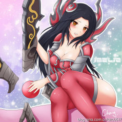 Rule 34 | 1girl, armor, black hair, blade, blush, breasts, cheng, cleavage, green eyes, hair ornament, irelia, league of legends, long hair, signature, sitting, solo, sword, thighhighs, weapon, yellow eyes
