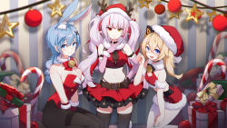 Rule 34 | 3girls, absurdres, animal ears, antlers, armlet, bare shoulders, bell, belt, belt buckle, between legs, black legwear, blonde hair, blue eyes, blue hair, blue nails, blush, bow, bowtie, box, breasts, brown belt, buckle, candy, candy cane, character request, christmas, christmas ornaments, cleavage, cleavage cutout, clothing cutout, copyright request, crop top, detached collar, elbow gloves, fake animal ears, food, fur-trimmed collar, fur-trimmed gloves, fur-trimmed headwear, fur-trimmed skirt, fur trim, gift, gift box, gloves, hair ornament, halterneck, hand between legs, hand on own chin, hand on own hip, hand up, hat, heterochromia, highres, horns, huge filesize, jingle bell, kneeling, large breasts, layered skirt, leotard, long hair, looking at viewer, medium breasts, midriff, multicolored hair, multiple girls, nail polish, navel, open mouth, pantyhose, paw pose, pink gloves, pink hair, playboy bunny, pleated skirt, pointy ears, rabbit ears, red bow, red gloves, red leotard, red neckwear, ribbon, santa hat, sitting, skirt, smile, star (symbol), star print, streaked hair, striped, striped background, sylvia (huajiuhuajiu), thighhighs, twintails, vertical stripes, wariza, wavy hair, white legwear, wrist cuffs, x hair ornament, zettai ryouiki