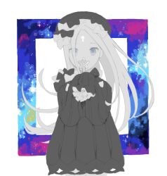 Rule 34 | 1girl, abigail williams (fate), bad drawr id, bad id, blue eyes, border, bow, covering own mouth, dress, fate/grand order, fate (series), greyscale with colored background, hair bow, hands up, hat, holding, holding wand, keyhole, long hair, long sleeves, looking at viewer, mcr, multicolored background, oekaki, outside border, pentacle, sleeves past fingers, sleeves past wrists, solo, spot color, square, straight-on, upper body, wand, white border