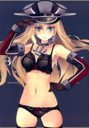Rule 34 | 1girl, absurdres, adjusting clothes, adjusting headwear, anchor, bismarck (kancolle), blonde hair, blue eyes, blush, bow, bow bra, bow panties, bra, breasts, elbow gloves, gloves, gluteal fold, grey background, hand on own hip, hand up, hat, highres, huge filesize, kantai collection, long hair, looking at viewer, navel, panties, ribbon, ribbon trim, scan, shiny skin, shirokitsune, simple background, smile, solo, stomach, underwear, underwear only