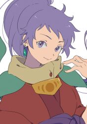 Rule 34 | 1girl, arc s0222, arc the lad, closed mouth, earrings, jewelry, kukuru (arc the lad), long hair, looking at viewer, ponytail, purple eyes, purple hair, simple background, smile, solo, upper body, white background
