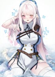 Rule 34 | 1girl, absurdres, arm behind head, au ra, belt, blush, breasts, brown belt, collared dress, dragon girl, dragon horns, dragon tail, dress, final fantasy, final fantasy xiv, hair ornament, heterochromia, highres, horns, large breasts, long hair, looking at viewer, multicolored hair, partially submerged, pelvic curtain, pink eyes, pink hair, scales, shhilee, side slit, sitting, sleeveless, sleeveless dress, smile, solo, tail, thick thighs, thighs, warrior of light (ff14), water, white hair, yellow eyes