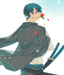 Rule 34 | 1boy, absurdres, adapted costume, bishoujo senshi sailor moon, black hair, chiba mamoru, contemporary, flower, highres, jacket, jacket on shoulders, joseph lee, male focus, mask, mouth hold, profile, red flower, red rose, rose, sheath, sheathed, solo, sword, tuxedo kamen, weapon