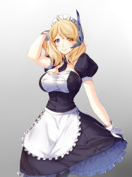 Rule 34 | 1girl, apron, black dress, black pantyhose, blonde hair, blue eyes, breasts, cleavage, collarbone, cowboy shot, dress, frilled apron, frills, gloves, gradient background, grey background, heterochromia, highres, large breasts, looking at viewer, maid, maid apron, maid headdress, pantyhose, puffy short sleeves, puffy sleeves, renown (warship girls r), ryuuzouji usagi, short hair, short sleeves, smile, solo, standing, waist apron, warship girls r, white gloves, yellow eyes