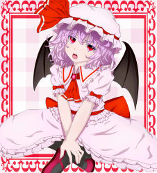 Rule 34 | 1girl, ascot, bat wings, bow, brooch, checkered background, dress, framed, frilled dress, frills, hat, hat ribbon, head tilt, highres, indian style, jewelry, light purple hair, looking at viewer, mary janes, misumo, mob cap, open mouth, pantyhose, pink dress, red bow, red eyes, red footwear, red ribbon, remilia scarlet, ribbon, shoes, short hair, sitting, skirt, skirt set, slit pupils, solo, touhou, wings