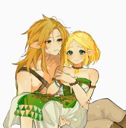 Rule 34 | 1boy, 1girl, armlet, bare shoulders, blonde hair, blue eyes, blush, bracelet, braid, brown footwear, carrying, choker, closed mouth, collarbone, crown braid, dress, earrings, green eyes, highres, jewelry, light blush, link, medium hair, nintendo, official alternate hair length, official alternate hairstyle, pants, parted bangs, pointy ears, princess, princess carry, princess zelda, shanodesu, short hair, sidelocks, simple background, strapless, strapless dress, sweatdrop, the legend of zelda, the legend of zelda: tears of the kingdom, topless male, wet, wet clothes