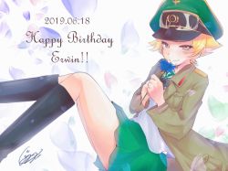 Rule 34 | 1girl, artist name, black bow, black footwear, black neckwear, blonde hair, blue flower, blush, boots, bow, brown eyes, brown jacket, character name, closed mouth, commentary, cursive, dated, erwin (girls und panzer), flower, girls und panzer, goggles, goggles on headwear, green hat, half-closed eyes, happy birthday, hat, highres, holding, holding flower, jacket, jimanaka (yukinosingun), knee boots, long sleeves, looking at viewer, military hat, military jacket, ooarai school uniform, open clothes, open jacket, peaked cap, petals, pointy hair, school uniform, short hair, signature, smile, solo