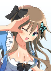 Rule 34 | 1girl, ;d, absurdres, black bow, blue dress, blush, bow, breasts, brown hair, butterfly hair ornament, cleavage, collarbone, commentary request, dress, floating hair, frilled sleeves, frills, green eyes, grey background, hair between eyes, hair bow, hair ornament, hand up, happy, hapymaher, heart-shaped ornament, highres, large breasts, long hair, looking at viewer, one eye closed, open mouth, puffy short sleeves, puffy sleeves, rishac owo, salute, short sleeves, sidelocks, simple background, smile, solo, toriumi arisu, two-tone dress, upper body, white dress