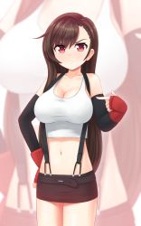 Rule 34 | 1girl, 3:, breasts, brown hair, closed mouth, detached sleeves, final fantasy, final fantasy vii, fingerless gloves, gloves, hand on own hip, highres, large breasts, long hair, midriff, navel, pencil skirt, pointing, pointing at self, red eyes, red gloves, shirt, skirt, sleeveless, sleeveless shirt, solo, standing, suspenders, tank top, tifa lockhart, v-shaped eyebrows, very long hair, white shirt, zoom layer