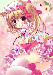 Rule 34 | 1girl, :o, animal ears, asymmetrical hair, bad id, bad pixiv id, blonde hair, brown eyes, cat ears, cat tail, flandre scarlet, flower, hat, honoka chiffon, kemonomimi mode, looking at viewer, mary janes, panties, petals, shoes, side ponytail, solo, tail, thighhighs, touhou, underwear, white thighhighs, wings