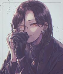 Rule 34 | 1boy, black gloves, black hair, black jacket, black shirt, border, earrings, fujikawa ua, gloves, hair strand, hand in own hair, highres, jacket, jewelry, lapels, long hair, long sleeves, looking at viewer, low ponytail, male focus, monocle, necklace, nijisanji, outside border, own hands together, parted bangs, parted lips, shawl lapels, shellin burgundy, shirt, single glove, smile, solo, turtleneck, upper body, virtual youtuber, white background, white border, yellow eyes