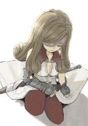 Rule 34 | 1girl, arm armor, bare shoulders, beatrix (ff9), breasts, brown hair, brown pants, cleavage, closed eyes, cowboy shot, curly hair, eyepatch, final fantasy, final fantasy ix, hair over one eye, highres, jacket, long hair, long jacket, medium breasts, pants, sleeveless, sleeveless jacket, smile, solo, soraoyogusakana, sword, weapon, white background, white jacket