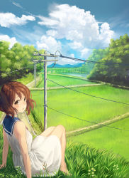 Rule 34 | 10s, 1girl, :o, arm support, barefoot, brown eyes, brown hair, cloud, day, dress, field, from side, grass, hibike! euphonium, highres, knees up, looking at viewer, looking back, on ground, oumae kumiko, outdoors, parted lips, path, power lines, rice paddy, road, rural, ryokucha manma, sailor dress, scenery, short hair, sitting, sky, sleeveless, sleeveless dress, solo, white dress