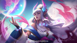 Rule 34 | 1girl, absurdres, artist name, blue eyes, blue sky, blunt bangs, breasts, bug, butterfly, chinese commentary, cleavage, earrings, energy ball, expressionless, eyeshadow, falling petals, guoguoguovia, highres, horns, insect, jewelry, large breasts, league of legends, long hair, looking ahead, magic, makeup, official alternate costume, official alternate hairstyle, outdoors, parted lips, petals, pointy ears, signature, sky, solo, spirit blossom (league of legends), spirit blossom syndra, syndra, upper body, white hair
