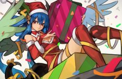 Rule 34 | 1girl, angel wings, asymmetrical wings, bell, blue hair, breasts, christmas, cleavage, collar, commentary, confetti, dizzy (guilty gear), english commentary, fur trim, gift, guilty gear, hair between eyes, hair ornament, hair rings, hat, jingle bell, large breasts, long hair, looking at viewer, red collar, red eyes, red legwear, ribbon, santa costume, santa hat, shaded face, simple background, smile, solo, tail, tail ornament, tail ribbon, thighs, twintails, uncle rabbit ii, wings, wrapped up