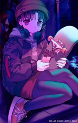 Rule 34 | 1girl, artist request, asymmetrical hair, bad id, bad twitter id, beanie, bomber jacket, brown hair, hair ornament, hat, headphones, headphones around neck, highres, holding, holding skateboard, iwakura lain, jacket, looking at viewer, miniskirt, pantyhose, serial experiments lain, shoes, skateboard, skirt, sneakers, solo, sweater, x hair ornament