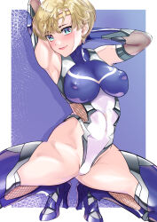Rule 34 | 1girl, absurdres, arion canvas, armpits, arms behind head, arms up, bishoujo senshi sailor moon, blonde hair, blue eyes, blue leotard, blue thighhighs, bow, breasts, circlet, covered erect nipples, earrings, elbow gloves, gloves, high heels, highleg, highleg leotard, highres, jewelry, large breasts, leotard, revision, sailor uranus, short hair, solo, split, spread legs, stud earrings, taimanin (series), taimanin suit, ten&#039;ou haruka, thighhighs