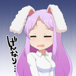 Rule 34 | 1girl, = =, animal ears, cato (monocatienus), chibi, commentary, dress shirt, closed eyes, highres, long hair, open mouth, purple hair, rabbit ears, reisen udongein inaba, shirt, simple background, solo, sweatdrop, touhou, translated, upper body, wavy mouth, white shirt