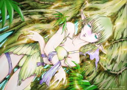 Rule 34 | 1girl, bare shoulders, blonde hair, blue eyes, blush, breasts, cleavage, collarbone, crossed arms, dress, elf, fay-mecta ethona, from above, green dress, green eyes, green panties, half-closed eyes, looking at viewer, lying, nanahira ai, on back, panties, pointy ears, ribbon, small breasts, solo, underwear