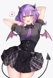 Rule 34 | 1girl, :d, bad id, bad twitter id, black shirt, demon horns, demon tail, demon wings, gradient hair, green eyes, heart, highres, hololive, horns, izumi kei, multicolored hair, necktie, open mouth, pink hair, pleated skirt, purple hair, purple necktie, shirt, signature, simple background, skirt, smile, solo, spoken heart, standing, tail, tokoyami towa, virtual youtuber, white background, wings
