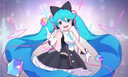 Rule 34 | 1girl, :d, bare shoulders, black bow, black dress, blue eyes, blue hair, blue necktie, bow, commentary request, dress, frilled dress, frills, gloves, hair between eyes, hair bow, hand up, hatsune miku, head tilt, headphones, highres, index finger raised, long hair, looking at viewer, magical mirai miku, magical mirai miku (2016), necktie, open mouth, short necktie, sleeveless, sleeveless dress, smile, solo, sunligh mao, twintails, very long hair, vocaloid, white gloves