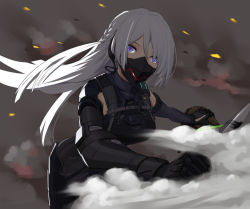Rule 34 | 1girl, ak-15 (girls&#039; frontline), black gloves, breasts, feet out of frame, girls&#039; frontline, gloves, ingerdoll, long hair, looking at viewer, mask, purple eyes, silver hair, simple background, smoke, solo, standing, tactical clothes