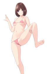 Rule 34 | 1girl, absurdres, bare arms, bare legs, bare shoulders, barefoot, bikini, blue eyes, blush, breasts, brown hair, cameltoe, cleft of venus, collarbone, commentary, gluteal fold, highres, leg lift, looking at viewer, marui koishi, micro bikini, navel, original, pink bikini, short hair, simple background, small breasts, smile, soles, solo, string bikini, swimsuit, underboob, white background