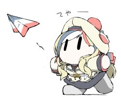 Rule 34 | 1girl, blonde hair, blue dress, blue hair, buttons, chibi, commandant teste (kancolle), dress, hair ornament, hat, jacket, kantai collection, leg up, long hair, long sleeves, multicolored hair, no mouth, paper airplane, red hair, sailor collar, simple background, socks, solid eyes, solo, streaked hair, swept bangs, task (s task80), white background, white hat, white jacket