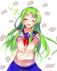 Rule 34 | 1girl, ^ ^, blush, closed eyes, giving, green hair, heart, highres, letter, letters, long hair, midori gurin (yandere simulator), open mouth, outstretched arms, school uniform, serafuku, smile, solo, yandere simulator
