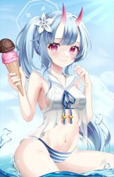 Rule 34 | 1girl, absurdres, armpit crease, bare arms, bare shoulders, bikini, blue archive, blue bikini, blue hair, breasts, center opening, chise (blue archive), chise (swimsuit) (blue archive), closed mouth, flower, food, hair flower, hair ornament, halterneck, hands up, highres, holding, horns, ice cream, long hair, looking at viewer, medium breasts, navel, oni horns, pink eyes, ponytail, sailor collar, sailor shirt, see-through, shirt, sleeveless, sleeveless shirt, smile, solo, stomach, string bikini, striped bikini, striped clothes, suisen (suisenhwa), swimsuit, thighs, very long hair, water, wet, white shirt