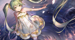 Rule 34 | 1girl, armband, bare shoulders, bracelet, cherry blossoms, collar, commentary, cowboy shot, dress, from above, glowing, glowing petals, gold bracelet, gold trim, green eyes, green hair, hair ornament, hatsune miku, jewelry, leg up, miku symphony (vocaloid), neck ribbon, outstretched arm, petals, ribbon, ripples, semi-transparent, smile, solo, standing, standing on liquid, strapless, strapless dress, tictoc mull, vocaloid, white dress