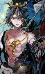 Rule 34 | 1boy, absurdres, armlet, black hair, blood, chinese clothes, extra eyes, facial mark, fingernails, hanfu, highres, jewelry, looking at viewer, lying, magi the labyrinth of magic, mole, mole under mouth, necklace, on stomach, patterned clothing, patterned hair, red eyes, ren hakuryuu, solo, third eye, topless male, upper body, yadu nadu
