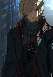 Rule 34 | 1boy, arm at side, bad id, bad pixiv id, black coat, blue outline, blue sweater, closed mouth, coat, elona, expressionless, formal, grey hair, hair over one eye, harusame (rueken), high collar, long sleeves, looking at viewer, male focus, mani of machine, mechanical arms, mechanical parts, one eye covered, open clothes, open coat, outline, prosthesis, prosthetic arm, red eyes, shade, short hair, solo, standing, sweater, swept bangs, tsurime, turtleneck, turtleneck sweater, upper body