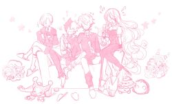 Rule 34 | +++, 1girl, 3boys, ^^^, bacheally, breasts, champagne flute, chibi, chibi inset, closed eyes, couch, crossed legs, cup, dress, drinking glass, einlehrer (merc storia), faceless, faceless female, faceless male, figure four sitting, hair over one eye, happy, hat, highres, holding, holding cup, lehreni (merc storia), long hair, medium breasts, merc storia, monochrome, motion lines, multicolored hair, multiple boys, on couch, open mouth, party hat, party popper, short hair, shorts, sitting, sketch, slippers, smile, very long hair, white background, wine glass