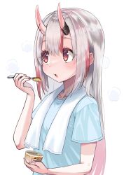 Rule 34 | 1girl, @-you (you 2023 8 16), food, gradient hair, haagen-dazs, hair ornament, highres, holding, holding spoon, hololive, horns, ice cream, ice cream cup, ice cream spoon, multicolored hair, nail polish, nakiri ayame, red eyes, red hair, shirt, skin-covered horns, spoon, streaked hair, t-shirt, towel, towel around neck, virtual youtuber, white hair