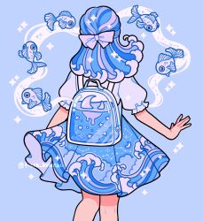 Rule 34 | 1girl, backpack, bag, blue background, blue hair, blue theme, bow, constellation, constellation print, cowboy shot, crescent moon, emily kim, fish, from behind, hair bow, highres, liquid, liquid hair, monochrome, moon, original, pastel colors, puffy short sleeves, puffy sleeves, shirt, short sleeves, simple background, sparkle, twitter username, wave print, white bow, white shirt