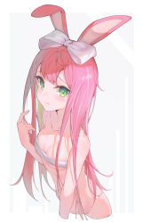 Rule 34 | 1girl, animal ears, bare shoulders, bow, breasts, cleavage, closed mouth, fingernails, green eyes, green hair, grey background, hair bow, highres, long hair, looking at viewer, medium breasts, mishuo (misuo69421), multicolored hair, original, outside border, rabbit ears, solo, two-tone hair, white background, white bow
