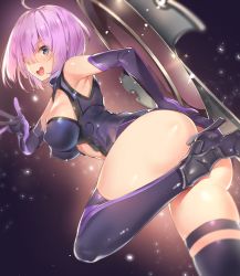 Rule 34 | 1girl, armor, armored dress, armpits, ass, bad id, bad twitter id, black gloves, black thighhighs, breasts, convenient leg, elbow gloves, fate/grand order, fate (series), gloves, hair over one eye, high heels, highres, mash kyrielight, medium breasts, open mouth, purple eyes, purple hair, shield, shiny skin, short hair, solo, thighhighs, thighs, waving, yuran