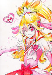 Rule 34 | 1girl, aida mana, bad id, bad pixiv id, ballpoint pen (medium), blonde hair, bow, brooch, colored pencil (medium), cure heart, dokidoki! precure, hair ornament, half updo, heart, heart brooch, heart hair ornament, highres, long hair, maruta roko, one eye closed, outstretched arm, pink bow, pink eyes, ponytail, precure, smile, solo, traditional media, wink