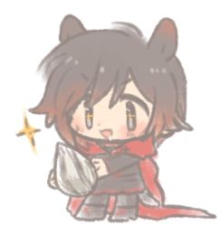 Rule 34 | 1girl, animal ears, boots, cape, chibi, hamster ears, lowres, rapop, ruby rose, rwby, saliva, short hair, simple background, solo