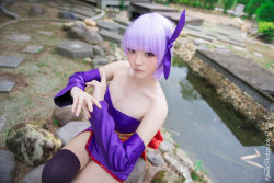 Rule 34 | 1girl, actress request, asian, ayane (doa), ayane (doa) (cosplay), bare shoulders, breasts, cosplay, dead or alive, detached sleeves, dutch angle, japanese clothes, looking at viewer, makeup, medium breasts, ninja, obi, outdoors, photo (medium), purple hair, sash, short hair, solo, tagme, thighhighs, zettai ryouiki