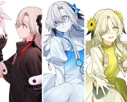 3girls absurdres black_coat coat dress expressionless flower grey_eyes grey_hair hair_flower hair_ornament hair_over_one_eye heterochromia highres isekaijoucho kamitsubaki_studio long_hair multiple_girls multiple_persona nakamura_rohane open_mouth pantyhose profile red_eyes smile white_pantyhose