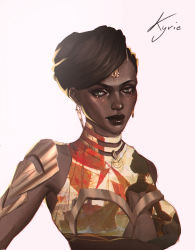Rule 34 | 1girl, absurdres, arcane: league of legends, armor, artist name, breasts, circlet, closed mouth, commentary request, dark-skinned female, dark skin, earrings, eyebrows, eyelashes, forehead, freckles, green eyes, highres, jewelry, kyrie (artist), league of legends, lips, looking away, mel medarda, necklace, short hair, shoulder armor, simple background, solo, upper body, valkyrie (ekpk5223), white background