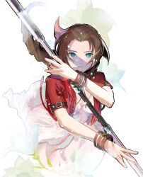 Rule 34 | 1girl, aerith gainsborough, bangle, bracelet, braid, braided ponytail, breasts, brown hair, cleavage, cofffee, cropped jacket, dress, fighting stance, final fantasy, final fantasy vii, final fantasy vii remake, floral background, green eyes, hair ribbon, holding, holding staff, jacket, jewelry, long hair, looking at viewer, materia, medium breasts, necklace, parted bangs, pink dress, pink ribbon, red jacket, ribbon, short sleeves, sidelocks, smile, solo, square enix, staff, upper body, white background