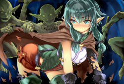 Rule 34 | 10s, 1girl, 3boys, all fours, ass, bent over, blush, cave, club, club (weapon), colored skin, earrings, elf, gloves, goblin, goblin slayer!, green eyes, green skin, greyscale, half-closed eyes, high elf archer (goblin slayer!), imminent rape, jewelry, kumakou, monochrome, monster, multiple boys, necklace, pointy ears, robe, shorts, skull necklace, spiked club, sweatdrop, tearing clothes, torn clothes, weapon