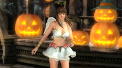 Rule 34 | 1girl, 3d, angel, blue eyes, breasts, brown hair, dead or alive, dead or alive 5, halloween, highres, hitomi (doa), large breasts, navel, official art, official wallpaper, pumpkin, skirt, smile, solo, tecmo, wings